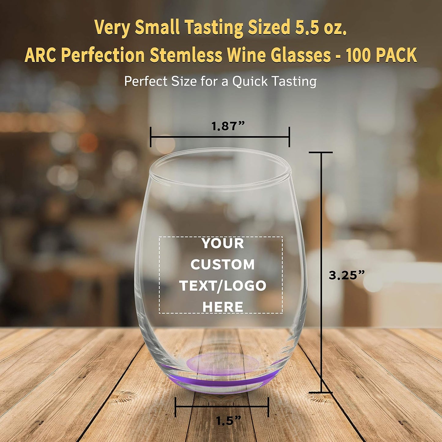 Custom Stemless Wine Glasses by ARC 5.5 oz. Set of 100, Personalized Bulk Pack - Perfect for Hotel, Bar, Restaurant or Lounge - Purple