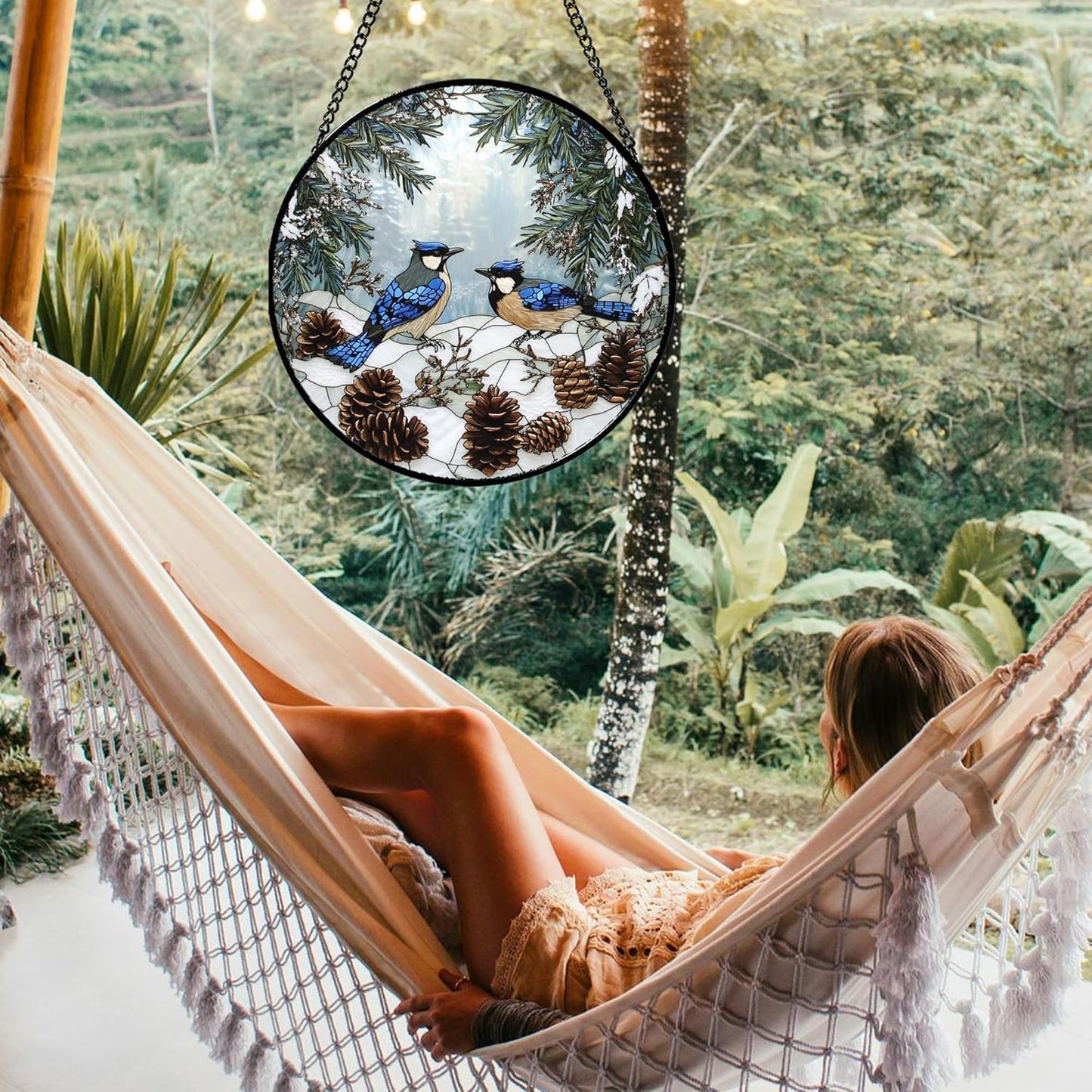 Stained Glass Window Hanging - Blue Bird Winter Forest Landscape Suncatcher for Door Garden Yard Sun Catchers Decor Christmas Mother's Day Birthday Gifts for Women Mom Nana Friend 9.8 in