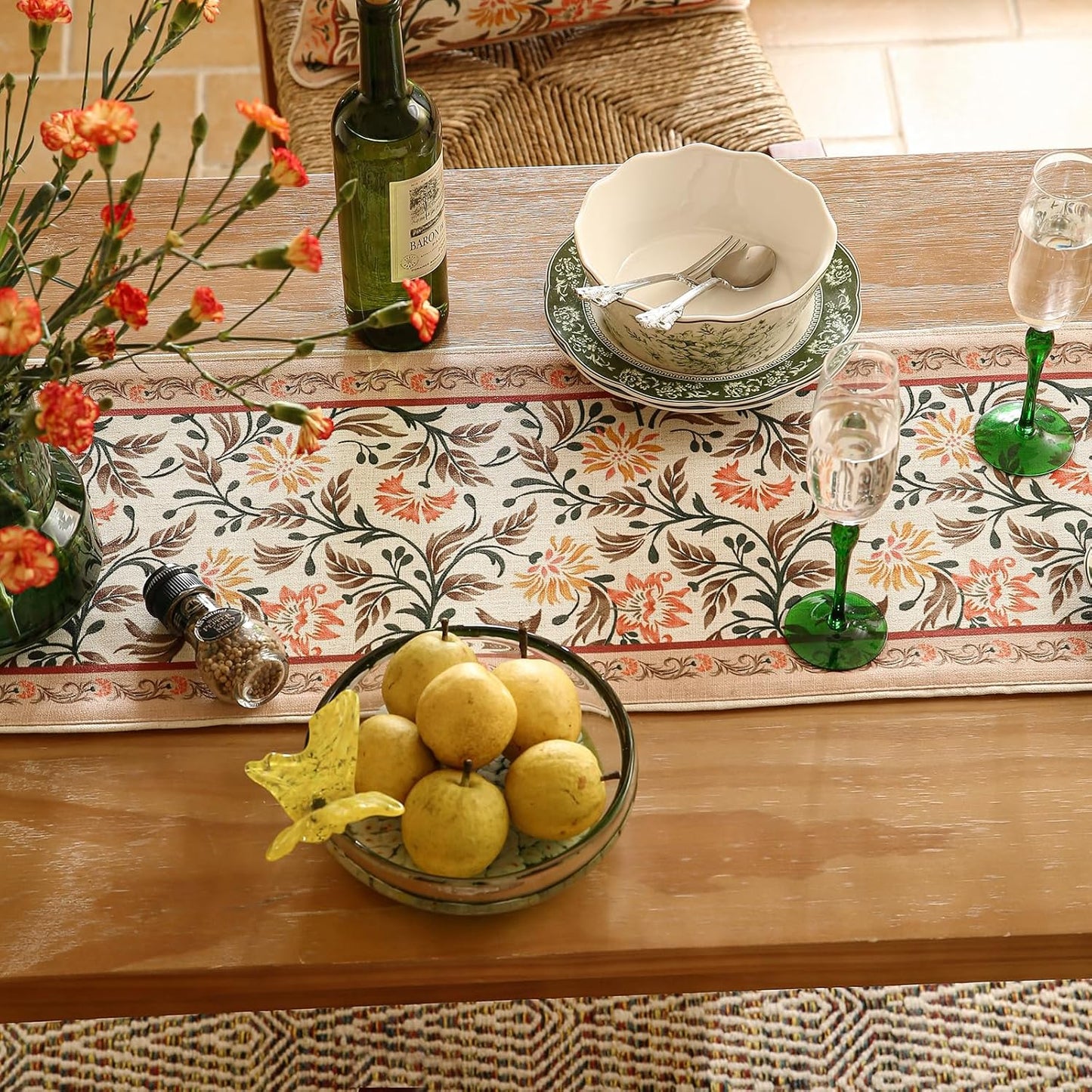 ISAENNE Designer French Elegant Linen Extra Long Table Runner 118 Inches,Farmhouse Lily Pattern Decor Table Runners for Dining Tables,Thanksgiving,Kitchen Tables,Christmas,12"*118"-Aurora A