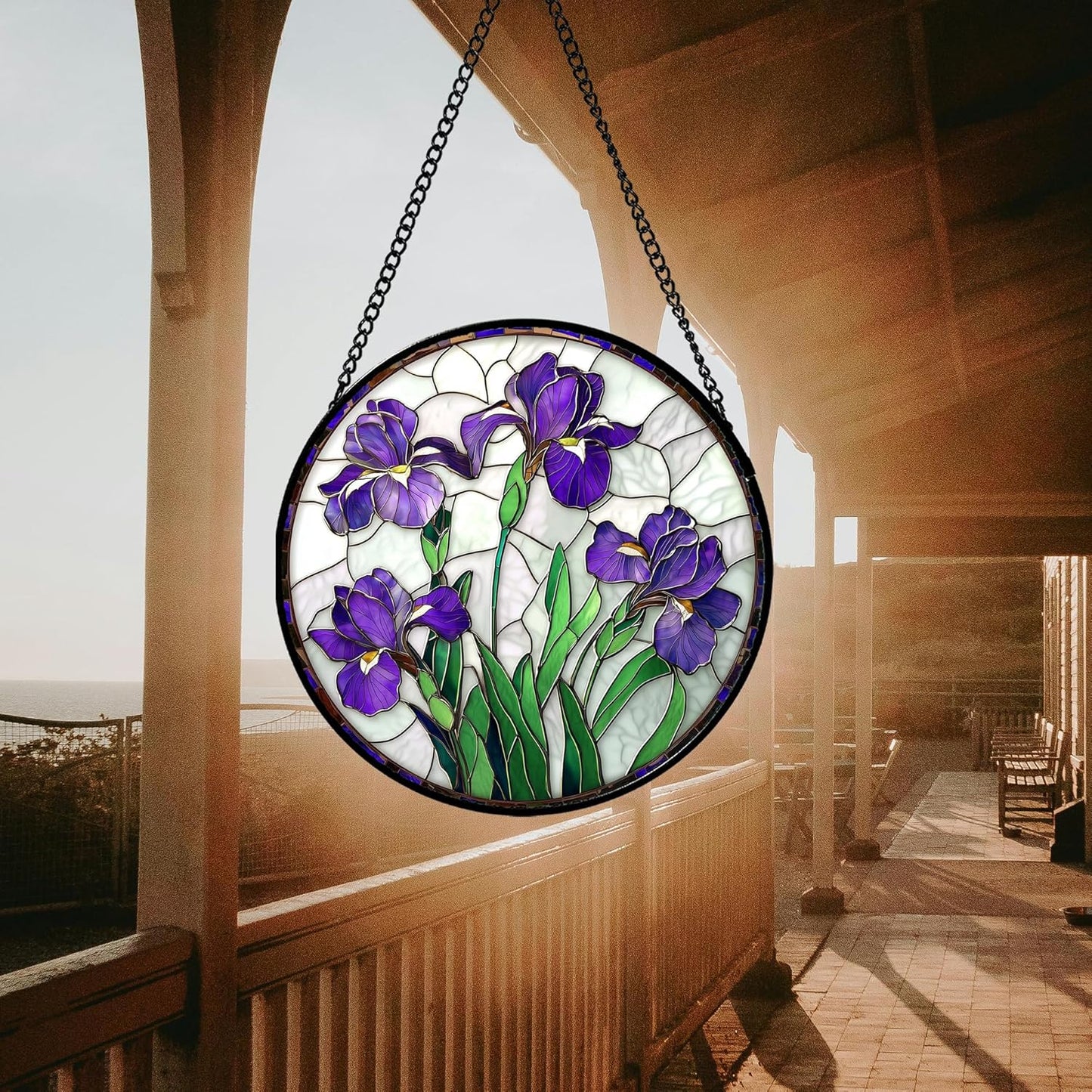 Stained Glass Window Hanging - Purple Iris Flower Sun Catcher for Door Terrace Garden Home Decor, Green Plants Suncatcher Birthday Gifts for Lovers Women Men Dad Mom Nana 15 in