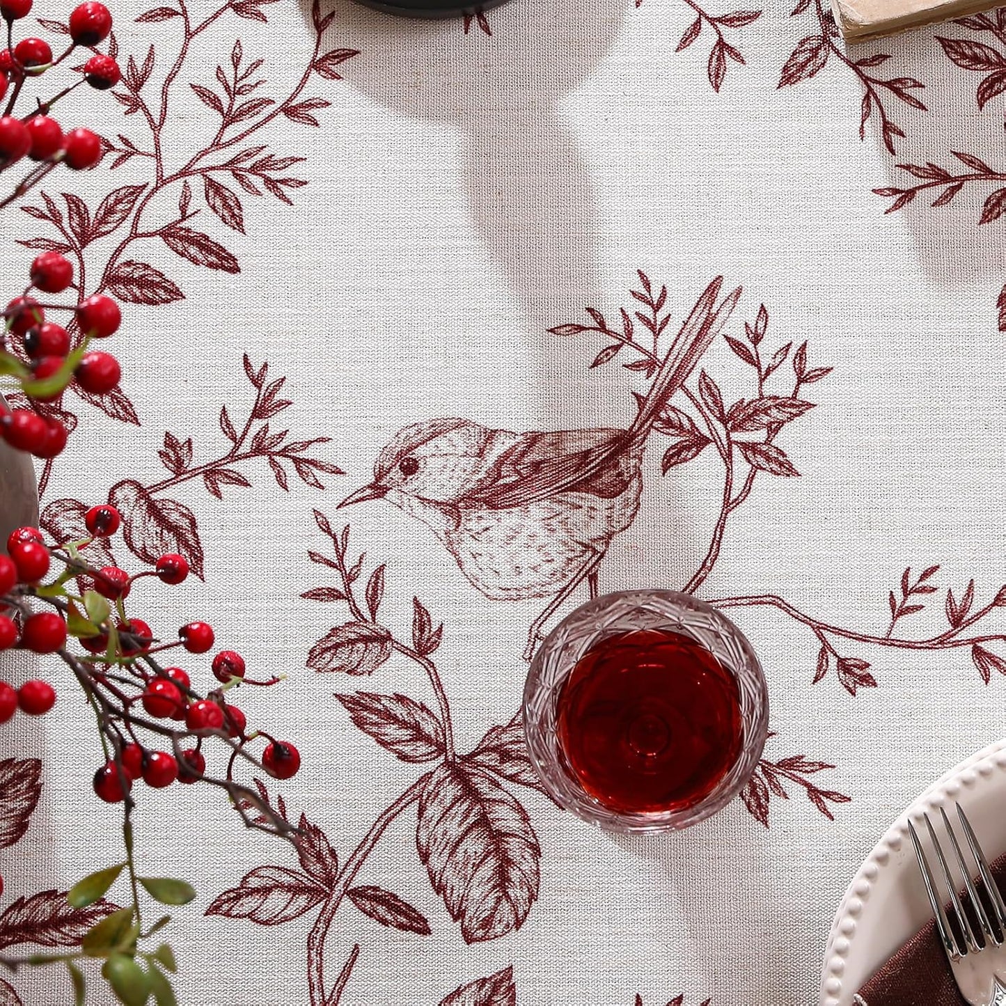 ISAENNE Designer Vintage Linen Small Round Tablecloth,Red Floral Pattern Linen Stain Resistant Table Cloth,Decor Tablecloths for Dining Thanksgiving Kitchen Tea Party,Diameter 55"-Harmony