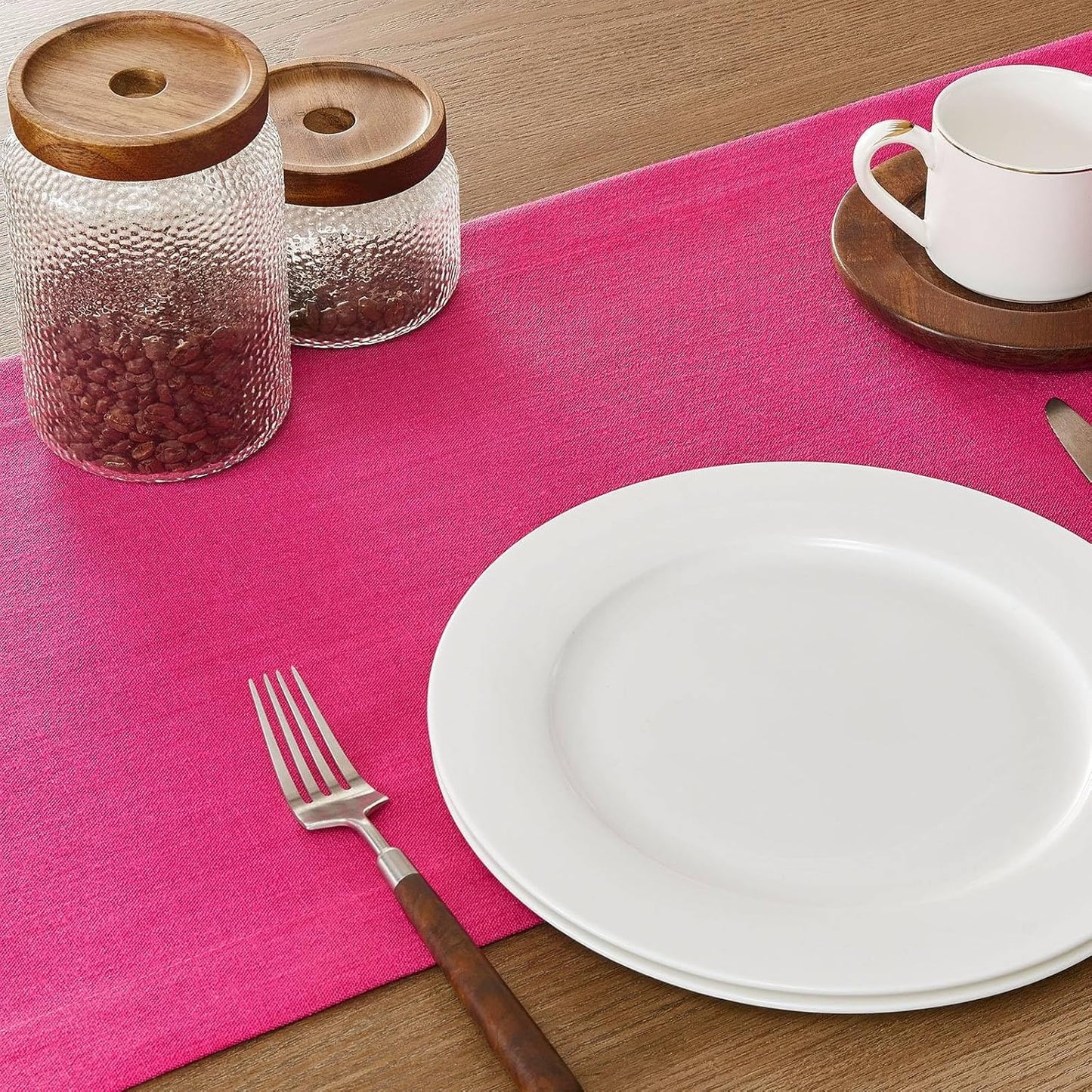 ZeeMart Linen Textured Border Table Runner, 14 x 72 Inch Hot Pink, Farmhouse Style Pink Table Runners 72 Inches Long, Easy Care Everyday Polyester Table Runner