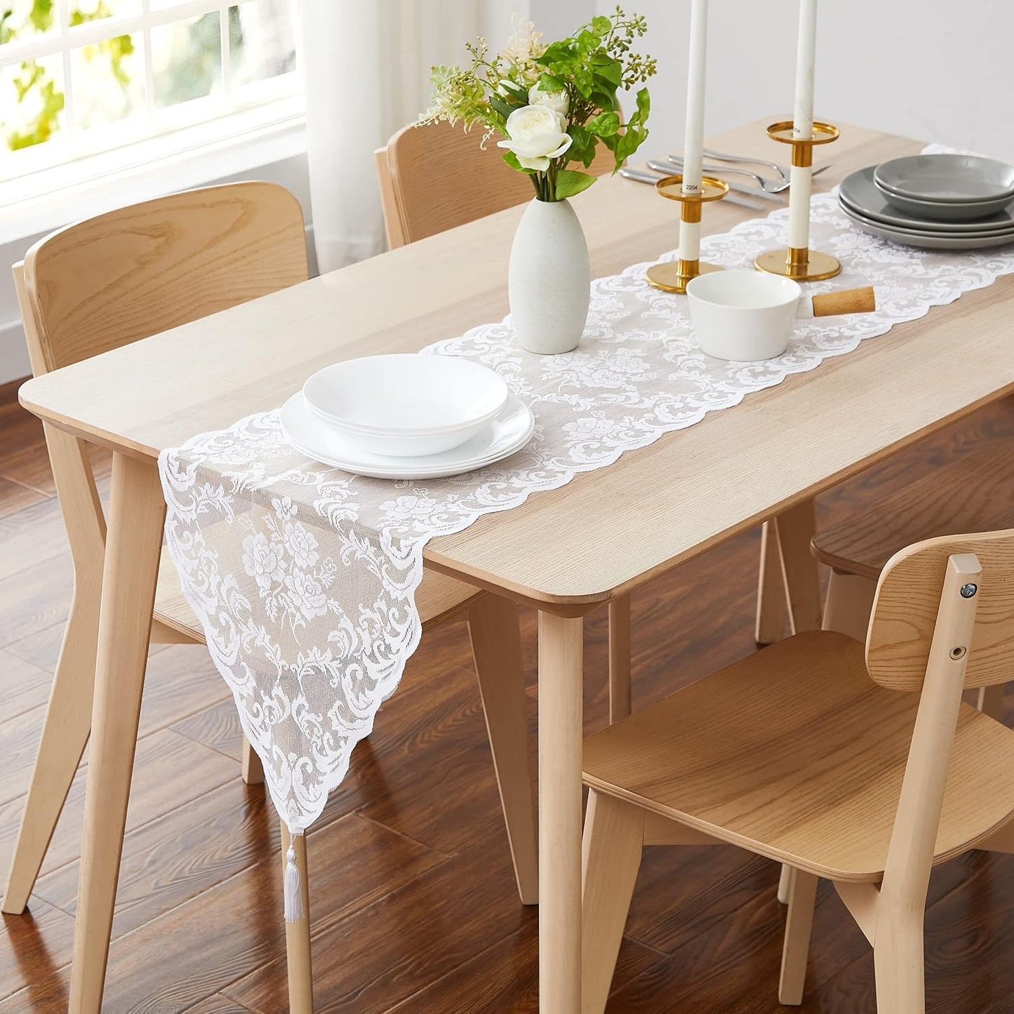 LinenZone White Table Runner with 2 Tassels for Rustic Vintage Decor. Lace Table Runner Works Great As Wedding, Thanksgiving, Christmas Decor. (Mia 14 x 72, White)