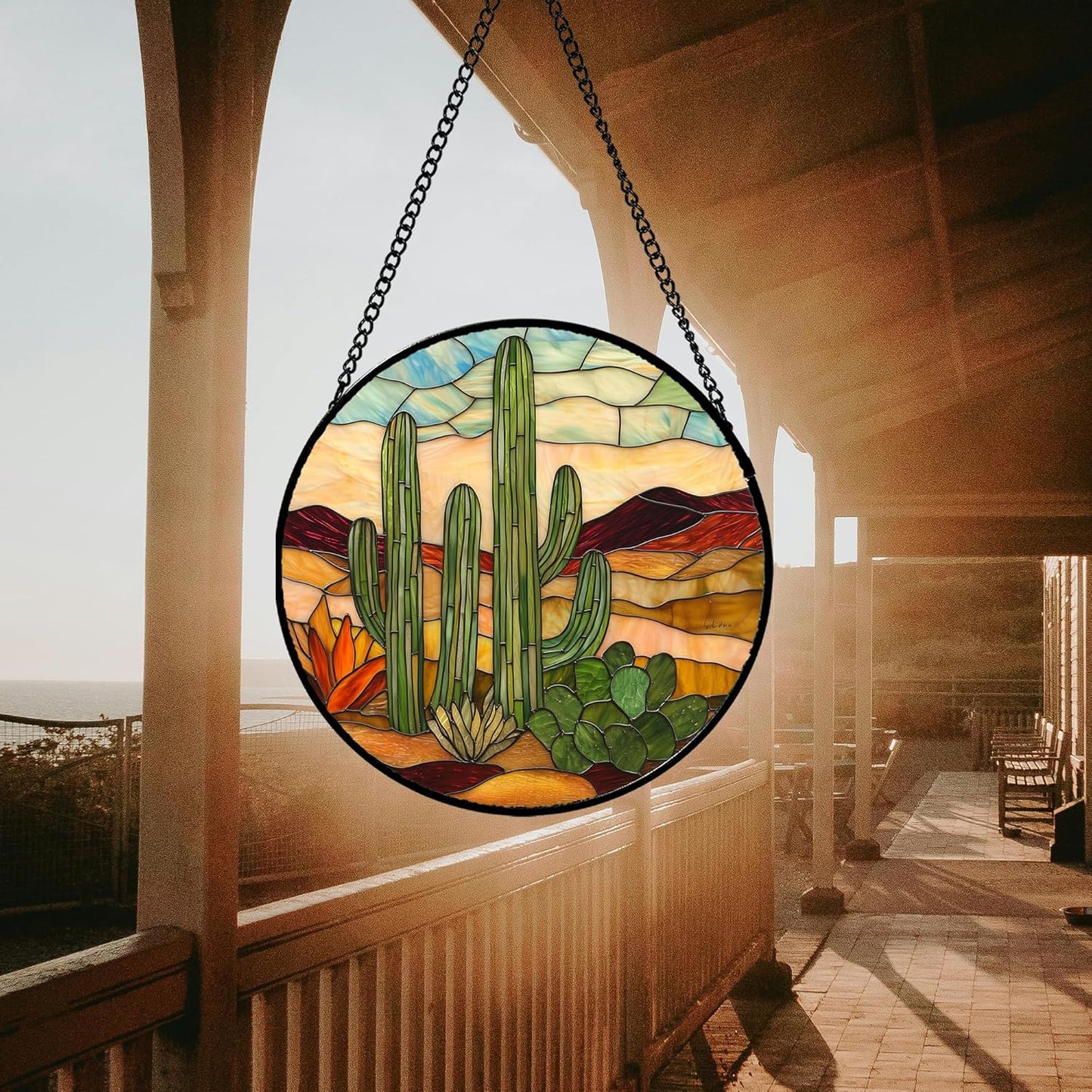 Stained Glass Window Hanging, Green Cactus Sun Catcher for Door Terrace Garden Home Decor, Abstract Desert Landscape Suncatcher Birthday Gifts for Lovers Women Men Dad Mom Nana 7.8 in