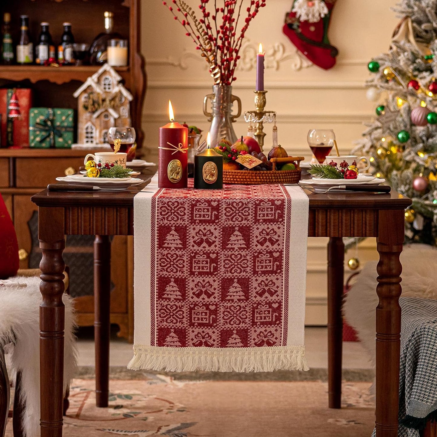 Table Runners 83 Inches,Christmas Tree Table Runner with Tassel Fringe,Gift Table Runner for Party，Coffee Table, Festival