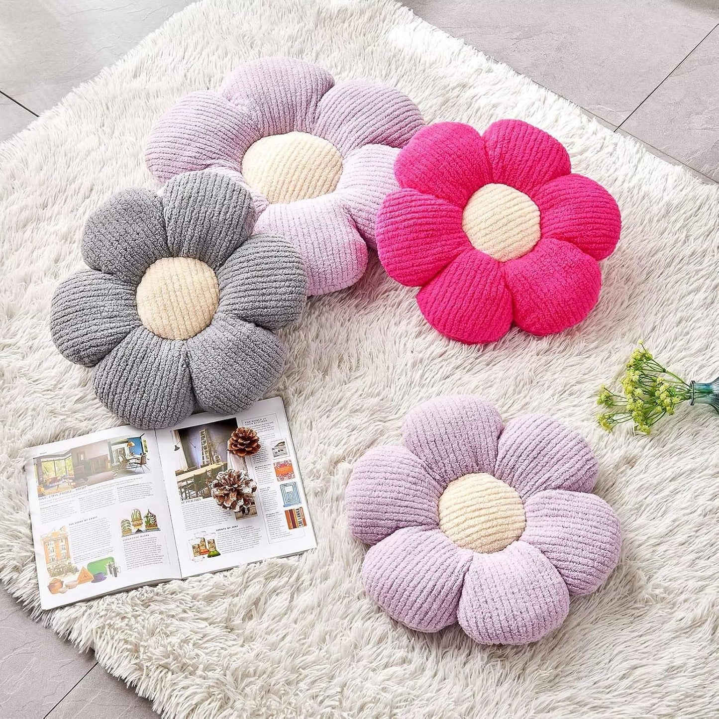 Flower Throw Pillow, Soft Grey 17.7" Shaped Floor Pillow for Home Decor, Cute Aesthetic Plush Decorative Pillows for Bed, Sofa, Couch