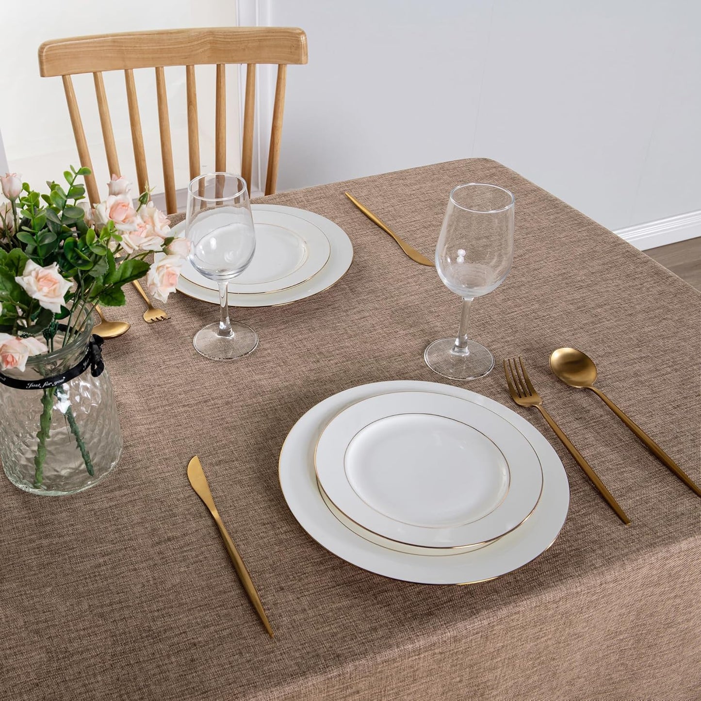 Hiasan Faux Linen Rectangle Tablecloth - Wrinkle and Stain Resistant Washable Table Cloth for Kitchen Dining Room Holiday Table Cover for Dinner, Khaki, 60 x 140 Inch