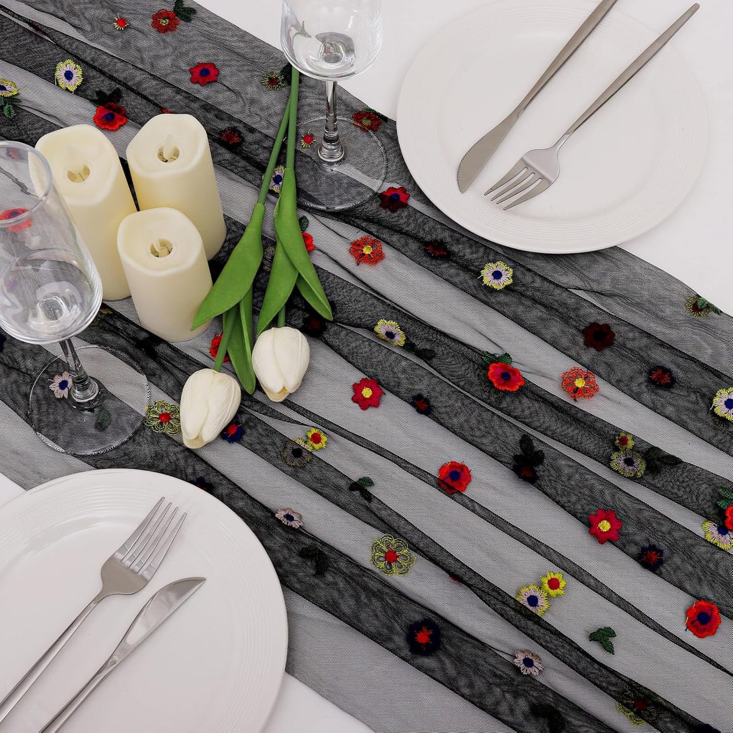 BINBE 12pcs Daisy Fall Table Runner Embroidery Gauze 10FT Florals Seasonal Tulle Holiday Birthday Kitchen Dining Table Decor for Home Party Black