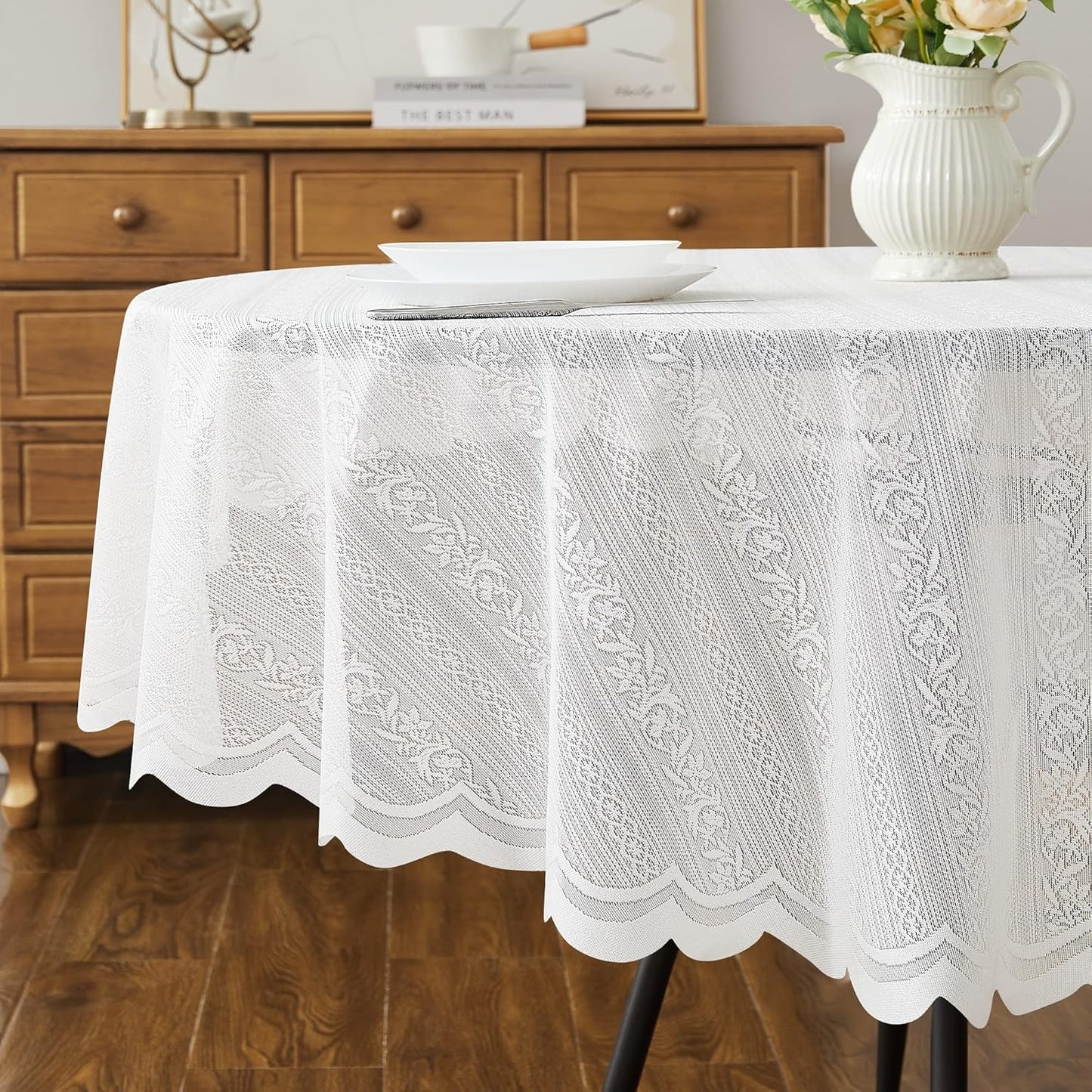 LinenZone Lace Round Tablecloth with Elegant Scalloped Bottom for Any Special Event Such as Wedding, Birthday Party, Baby Shower, Anniversary. Sits 6 to 8 People. (Linda 90 Round, Ivory)