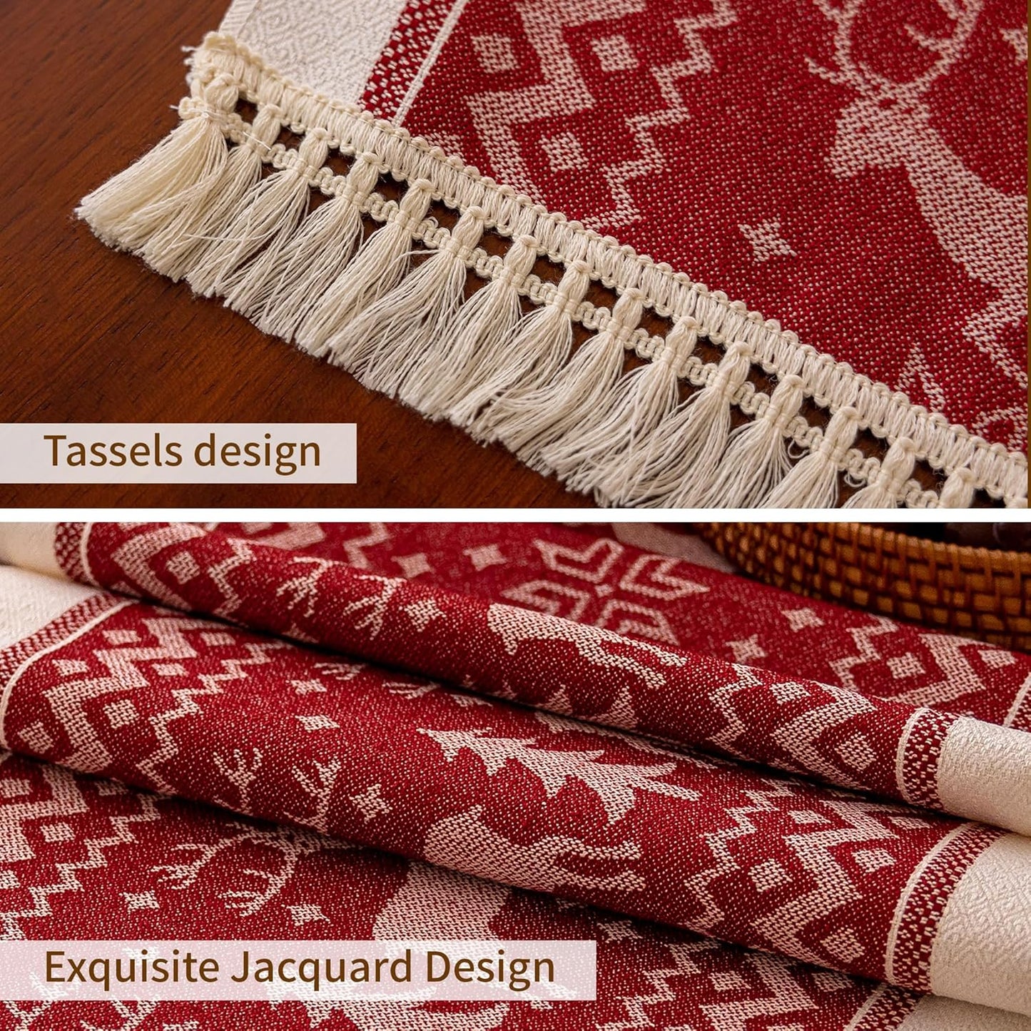 Table Runners 48 Inches,Elk Table Runner with Tassel Fringe,Christmas Table Runner for Party，Coffee Table, Festival