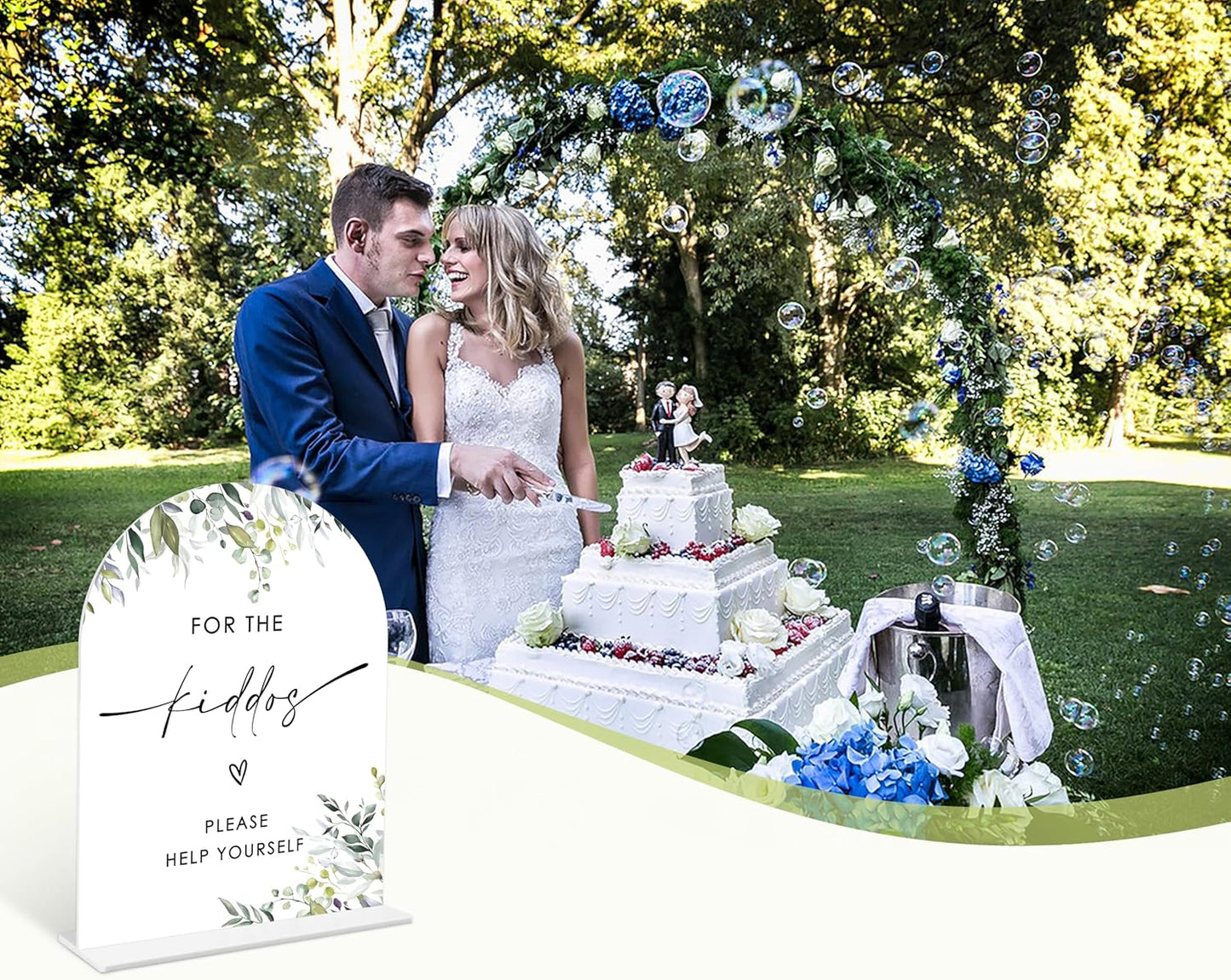Greenery For the Kiddos Favors Sign, 6 x 8 Inch White Arch Acrylic Wedding Sign with Holder, Wedding Sign for Ceremony and Reception, Wedding Decoration, Wedding Supplies - LY27