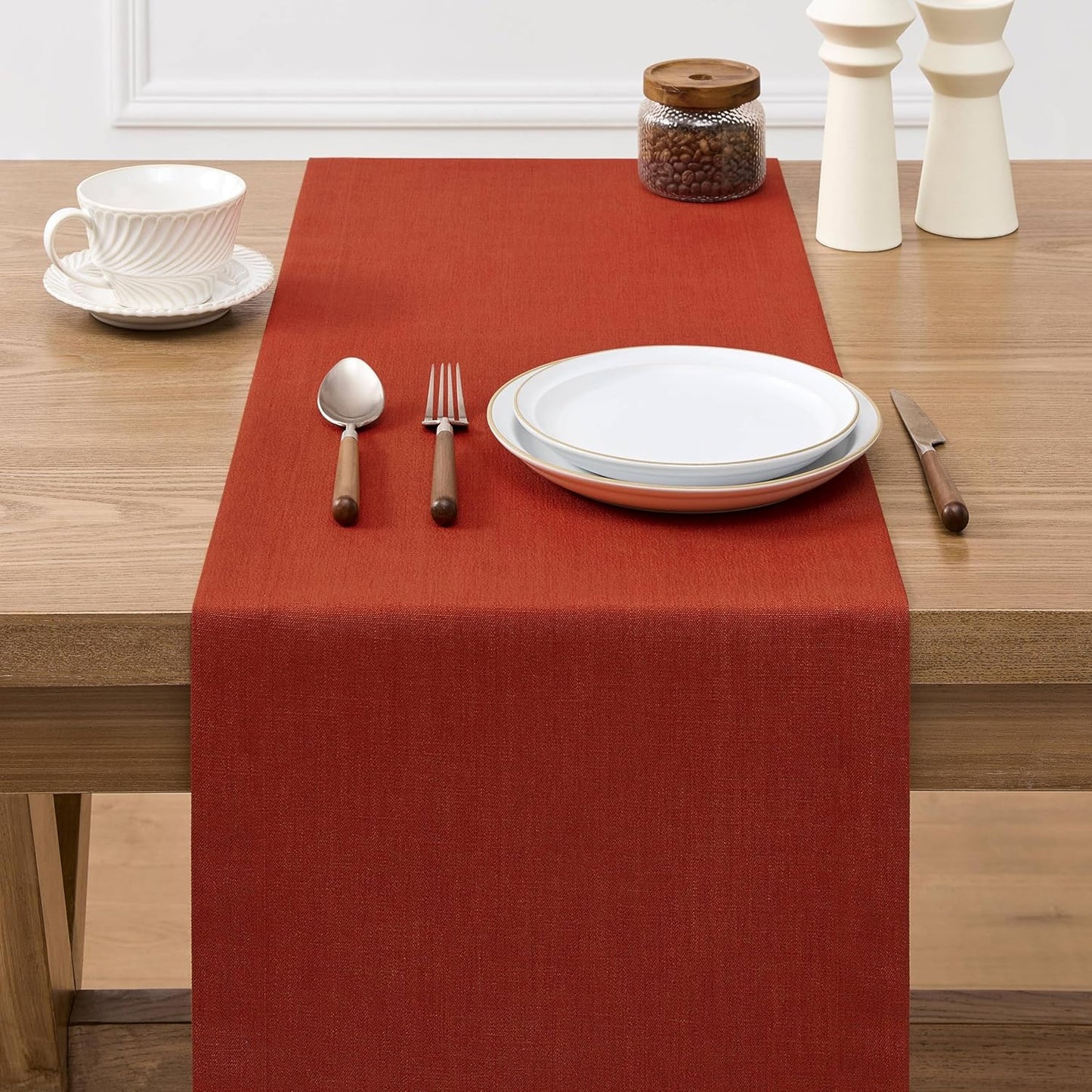 ZeeMart Linen Textured Border Table Runner, 14 x 72 Inch Orange, Farmhouse Style Burnt Orange Fall Table Runners 72 Inches Long, Easy Care Everyday Polyester Table Runner