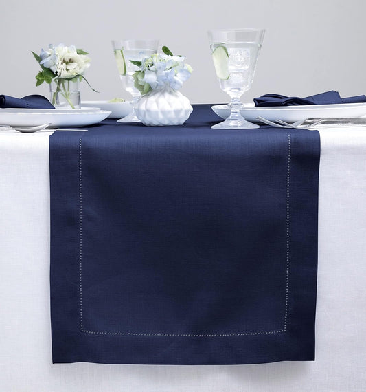 Solino Home Linen Navy Blue Table Runner 48 Inches - Classic Hemstitch, 100% Pure Linen Coffee Table Runner 14 x 48 Inch Ideal for Dresser Tables - Fall, Halloween, Thanksgiving, Christmas, Holiday