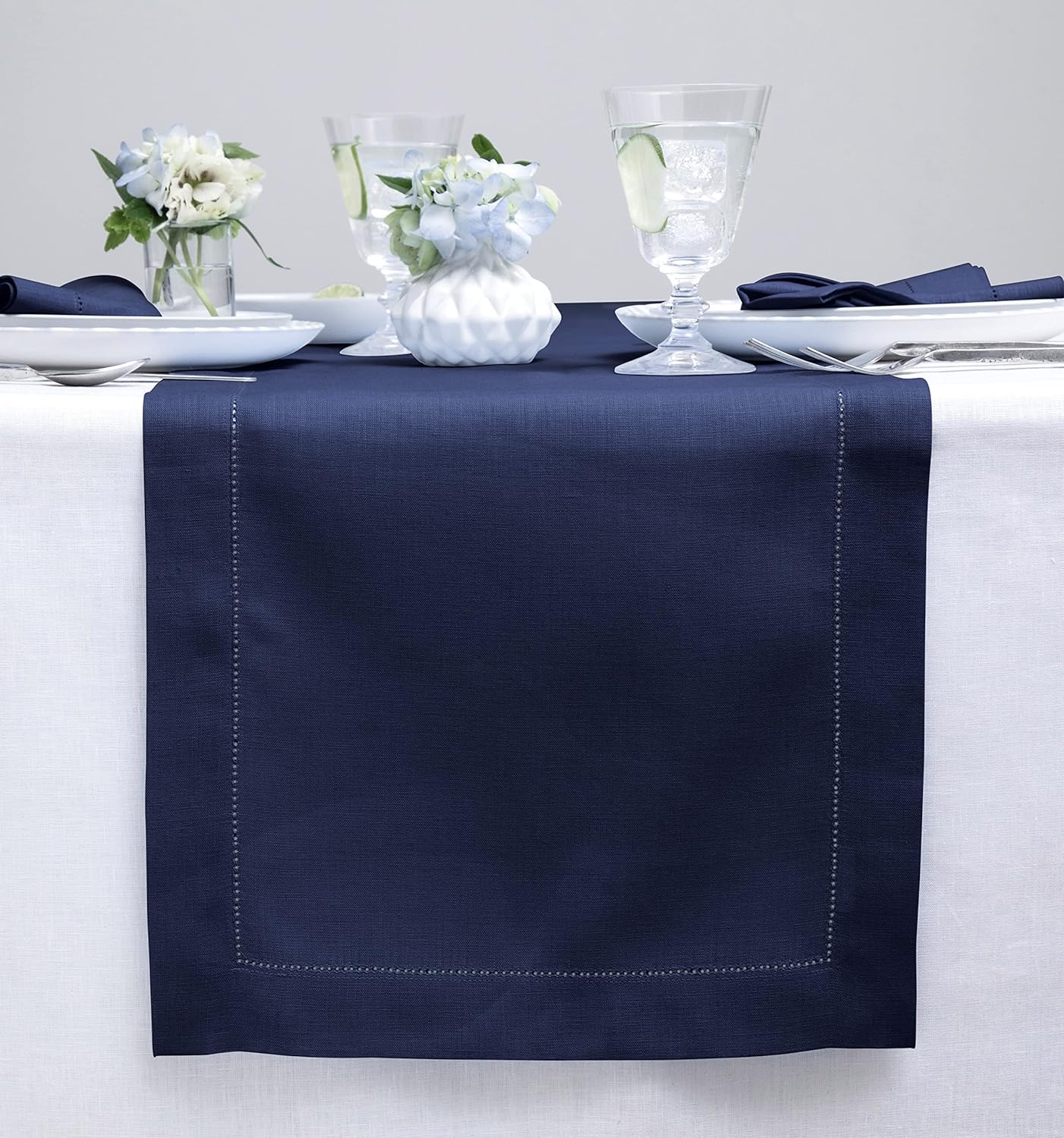 Solino Home Linen Navy Blue Table Runner 72 Inches Long - 100% Pure Linen Hemstitch Table Runner 14 x 72 Inch for Dresser, Dining, Fall, Autumn, Halloween, Thanksgiving, Christmas - Classic Hemstitch
