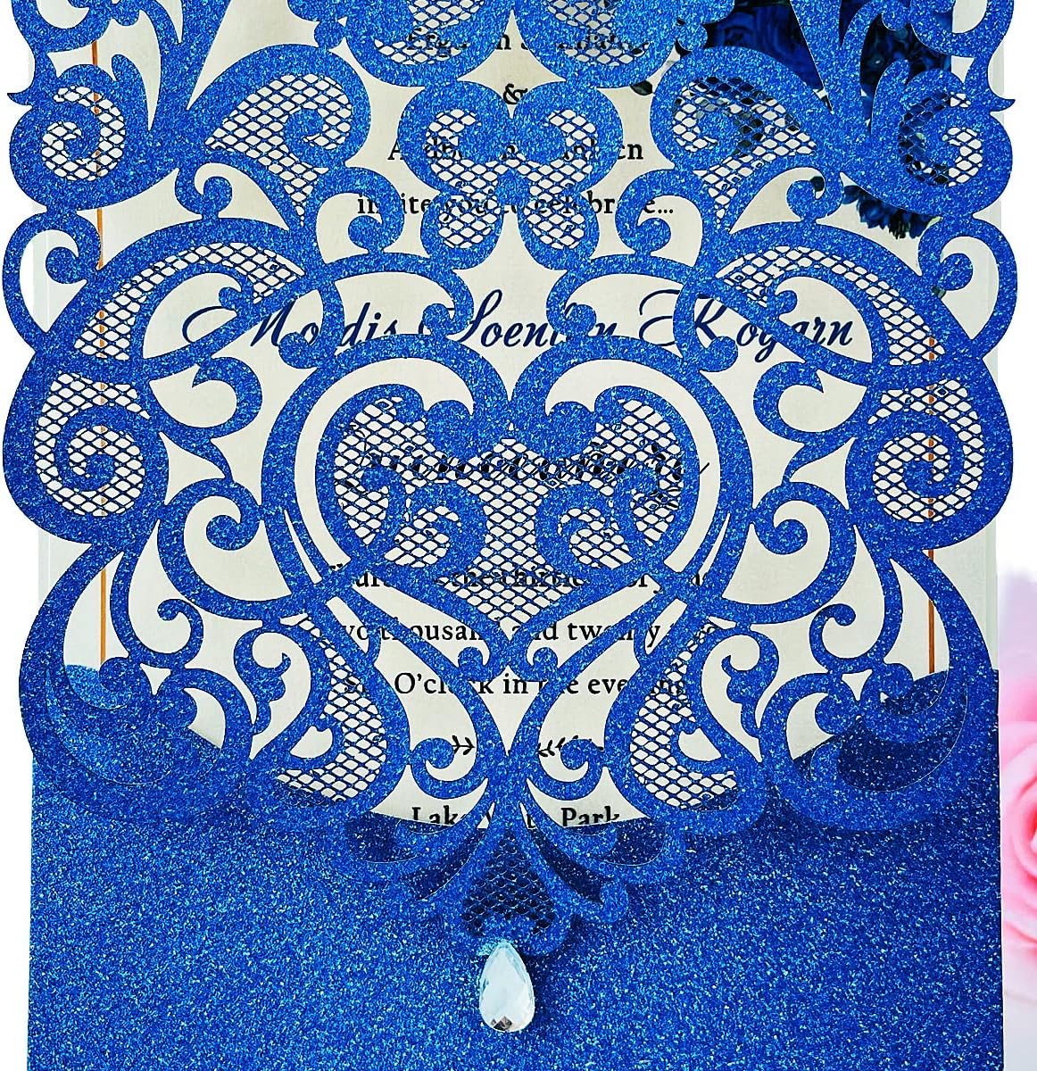 Hosmsua 50pcs Personalized Wedding Invitation Kit 5.12 x 7.3 Inch Royal Blue Laser Cut Flora Rehearsal Wedding Invitations with Envelopes for Quinceañera Bridal Shower Invite