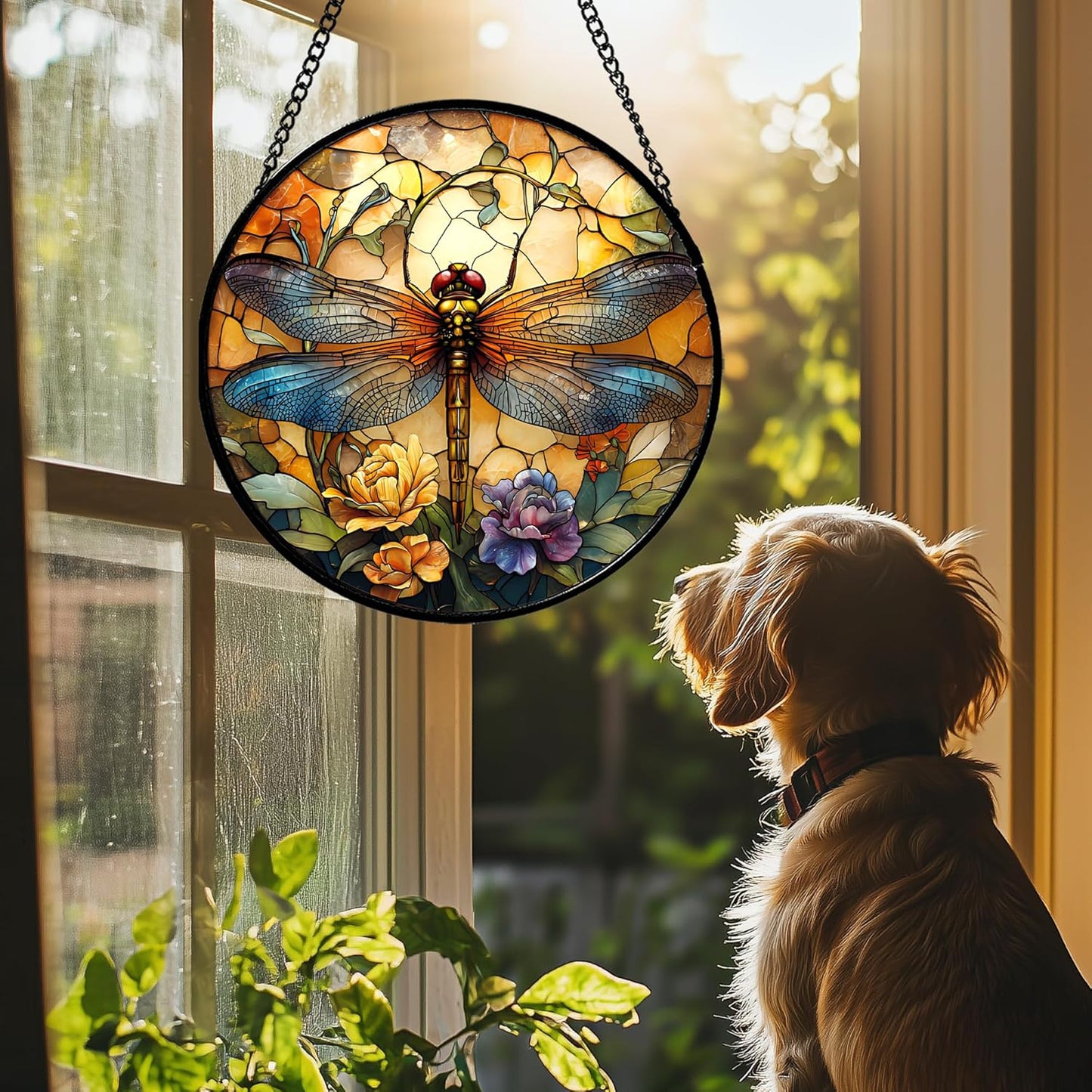 Stained Glass Window Hanging - Orange Blue Dragonfly Flower Suncatcher for Doors Window Home Sun Catchers Decor Christmas Mother's Day Birthday Outdoor Gifts for Women Men Mom Nana 11.8 in