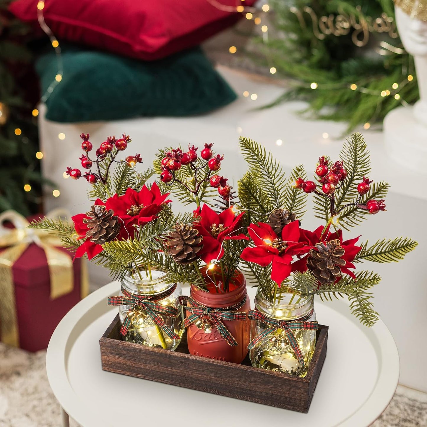 3 Pcs Mason Jar Centerpiece Decorations for Christmas Table Decor Farmhouse Coffee Table Decor Christmas Kitchen and Room Decor,Red