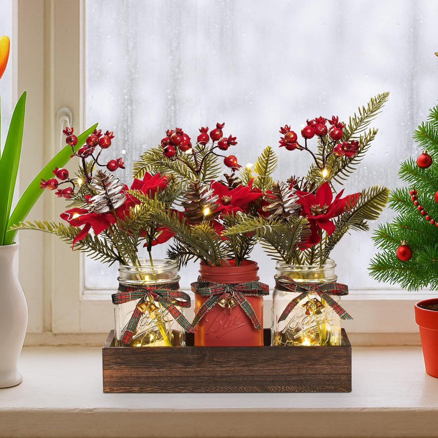 3 Pcs Mason Jar Centerpiece Decorations for Christmas Table Decor Farmhouse Coffee Table Decor Christmas Kitchen and Room Decor,Red