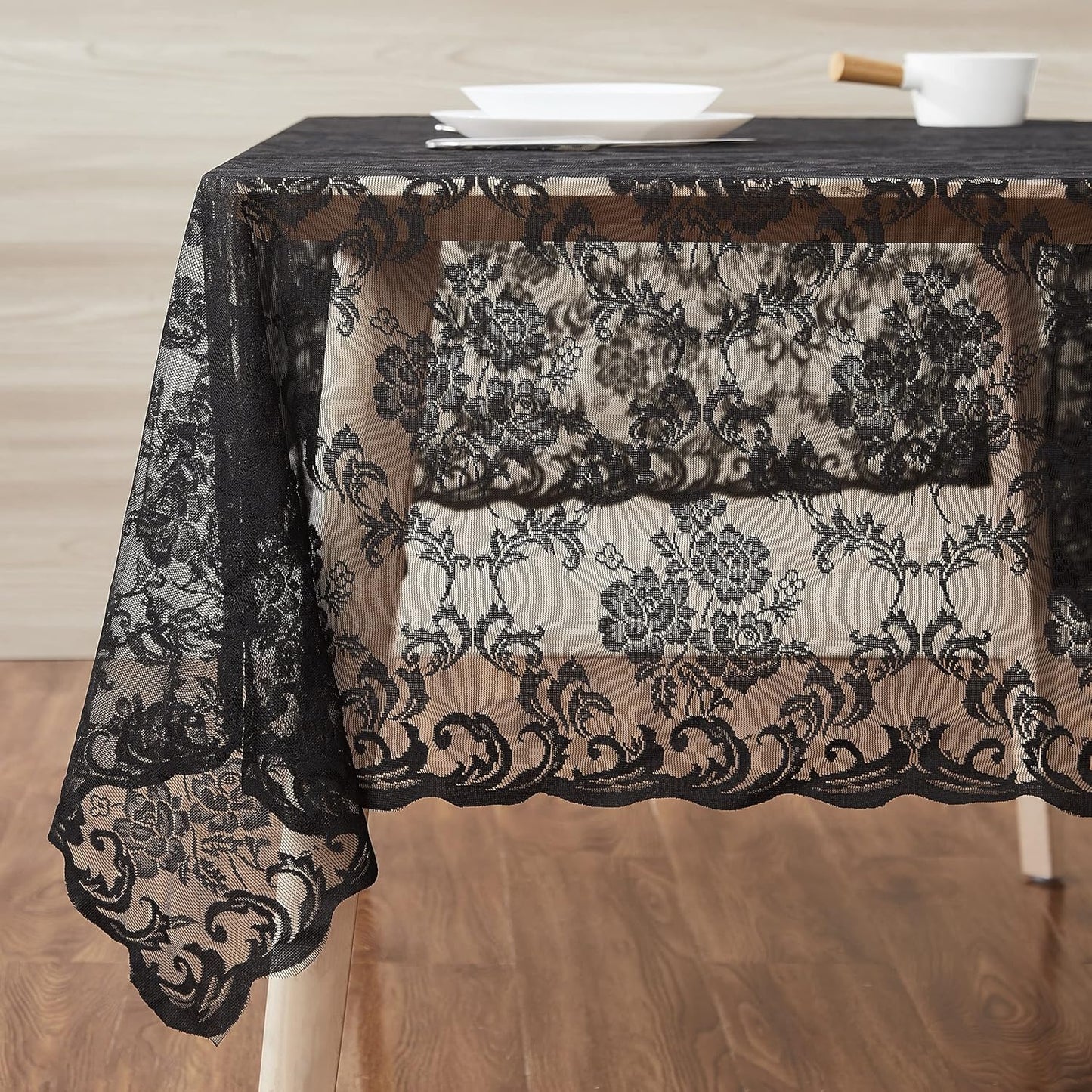 LinenZone Square Black Tablecloth for Rustic Vintage Decor. Sheer Lace Table Cloth Works Great As Wedding Tablecloth or Thanksgiving Table Cover. (Mia TC 60 x 60, Black)