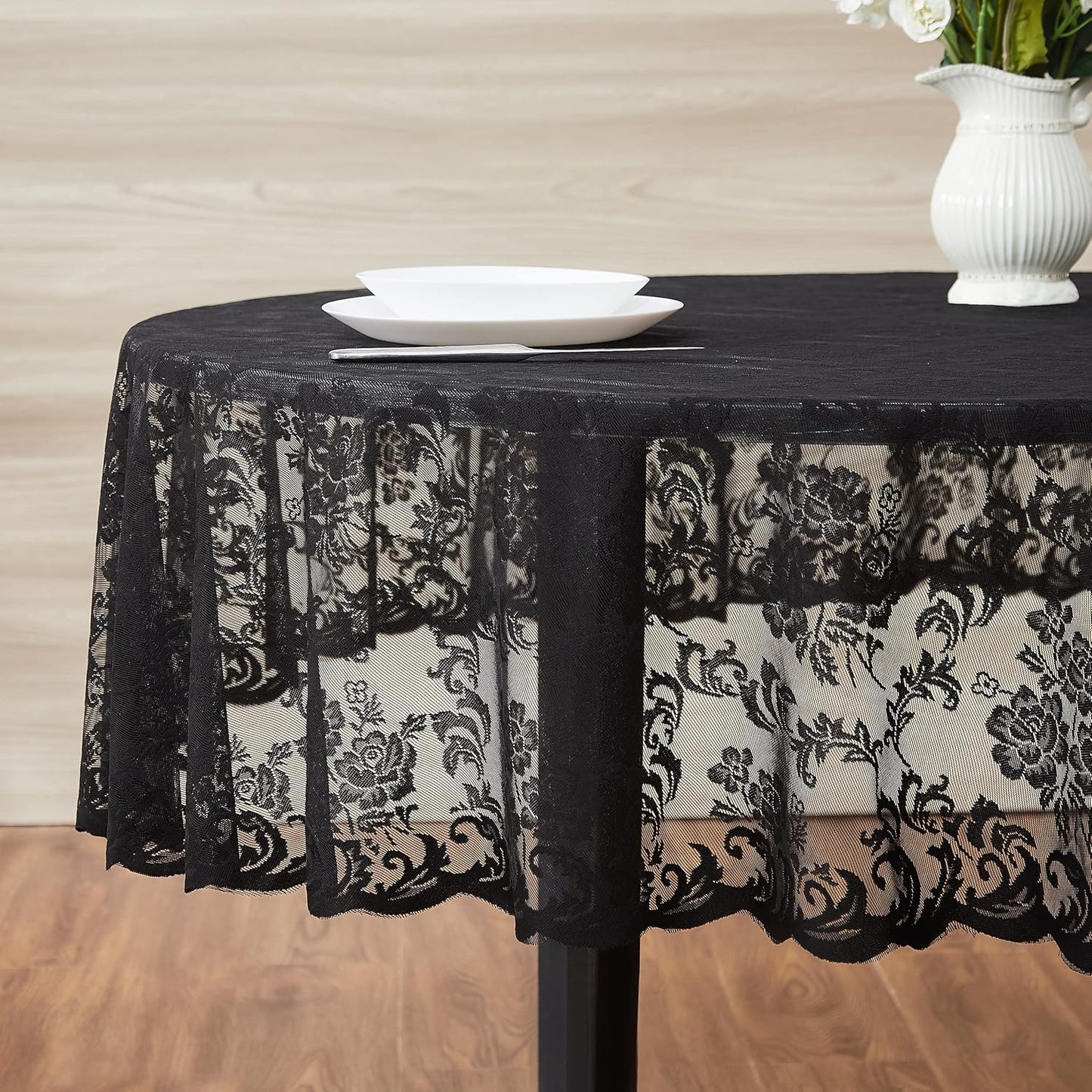 LinenZone Black Round Tablecloth for Rustic Vintage Decor. Sheer Lace Tablecloth Works Great As Wedding Table Cloth, or Christmas Table Cover (Mia 90 Round, Black)