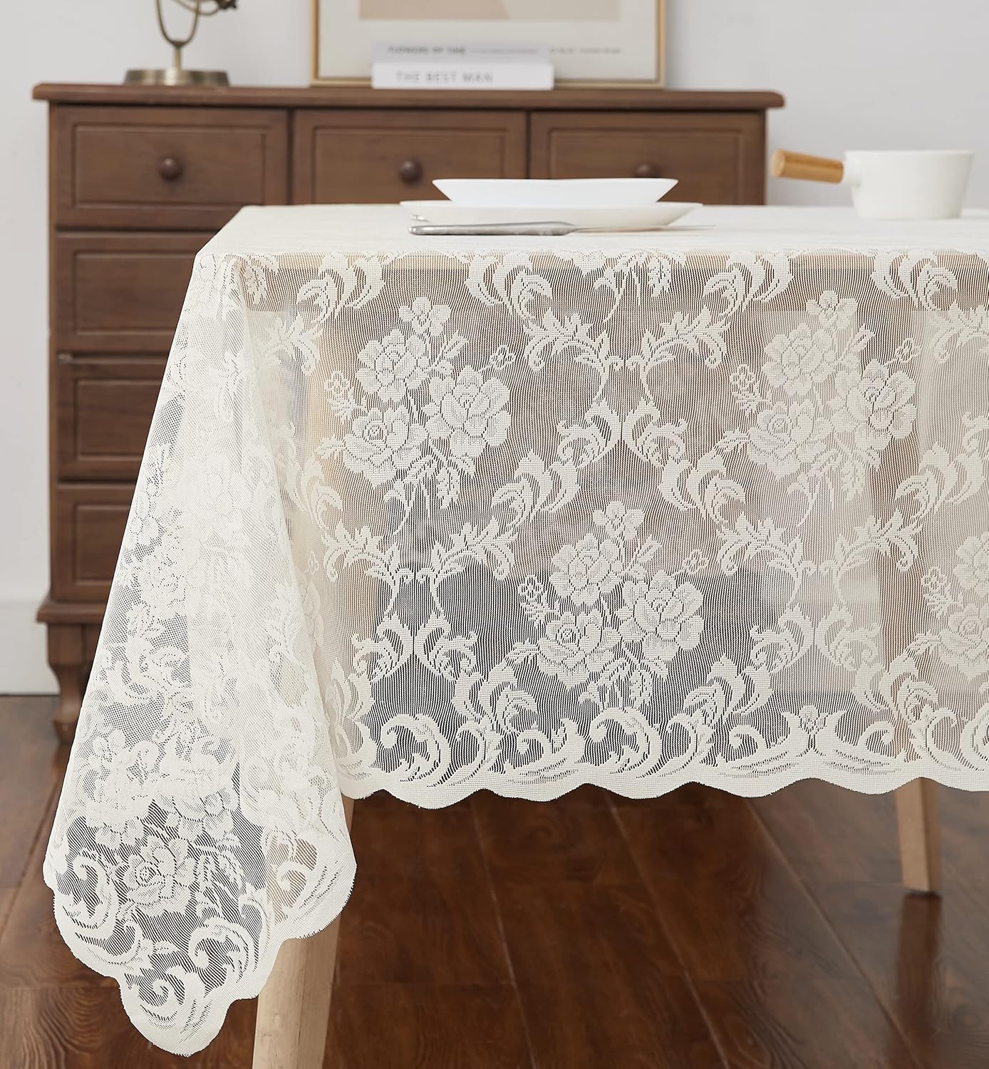 LinenZone Ivory Rectangle Tablecloth for Rustic Vintage Decor. Sheer Lace Works Great As Wedding, Thanksgiving or Christmas Tablecloth (Mia TC 60 x 144, Ivory)