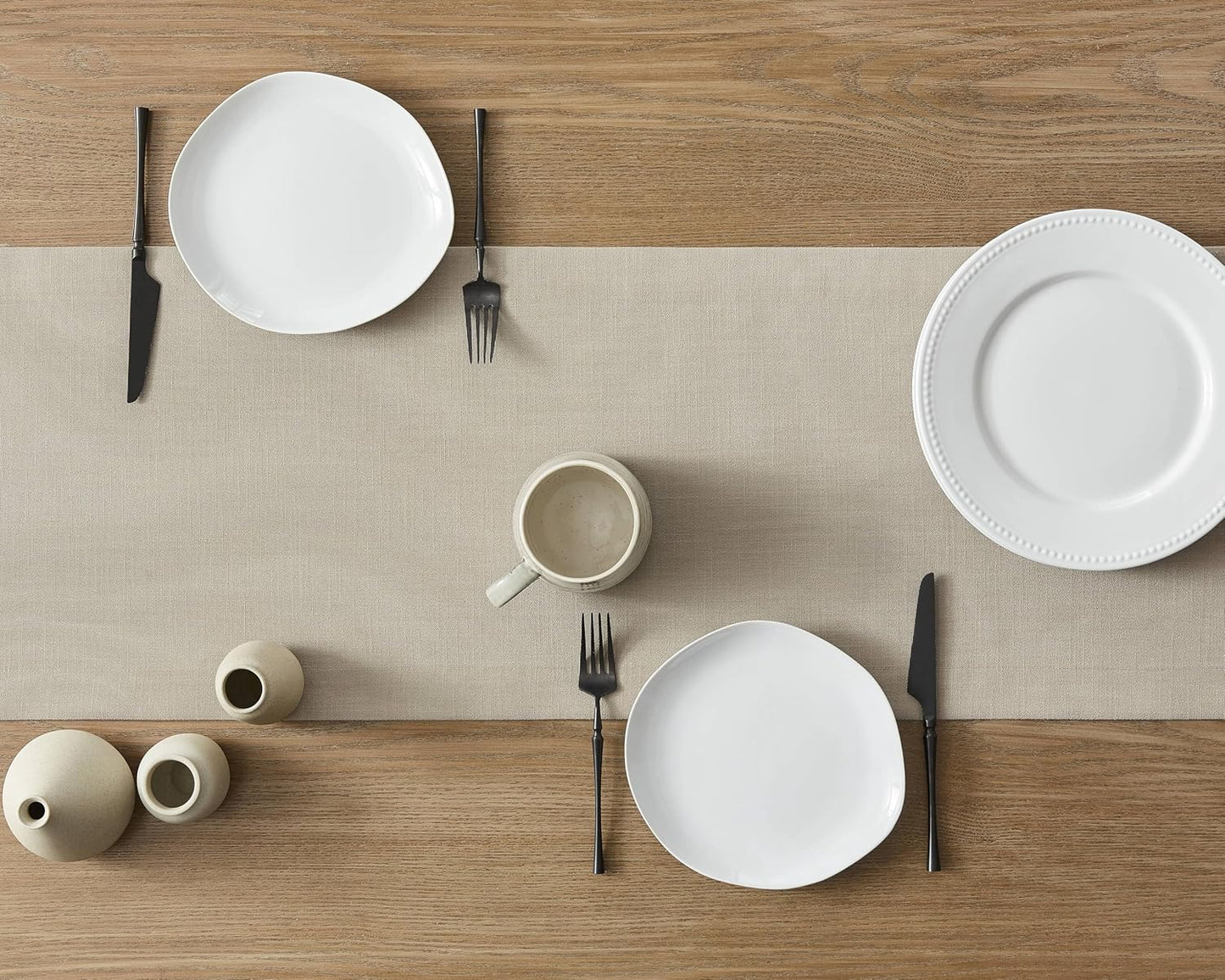 ZeeMart Linen Textured Border Table Runner, 14 x 60 Inch Natural, Farmhouse Style Neutral Table Runners 60 Inches Long, Easy Care Everyday Polyester Table Runner