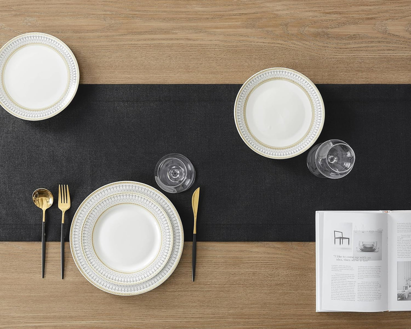 ZeeMart Linen Textured Border Table Runner, 14 x 36 Inch Black, Farmhouse Style Black Table Runners 36 Inches Long, Easy Care Everyday Polyester Table Runner