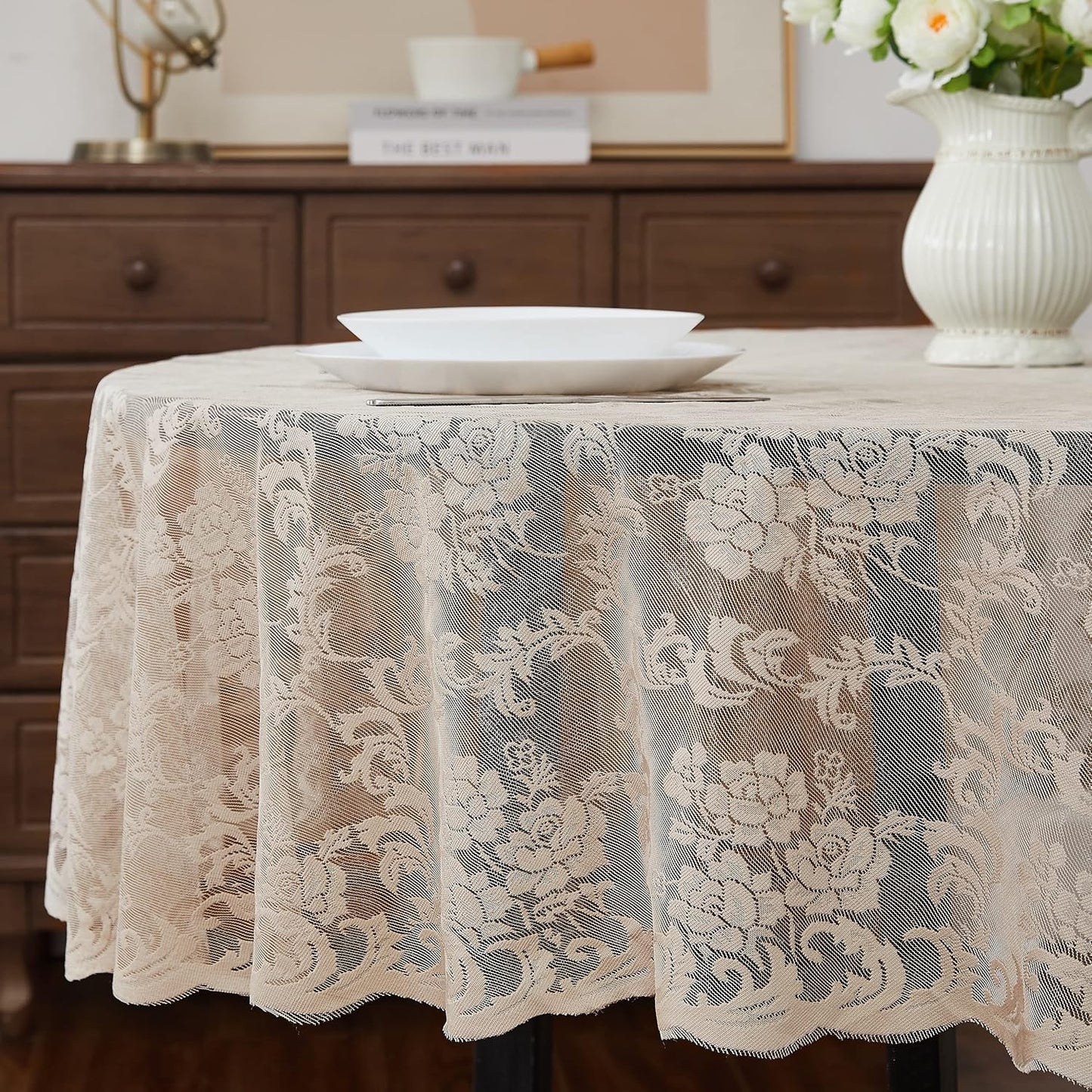 LinenZone Extra Large Linen Round Tablecloth for Rustic Vintage Decor. Sheer Lace Table Cloth Works Great As Wedding Tablecloth or Thanksgiving Table Cover. (Mia 120 Round, Linen)