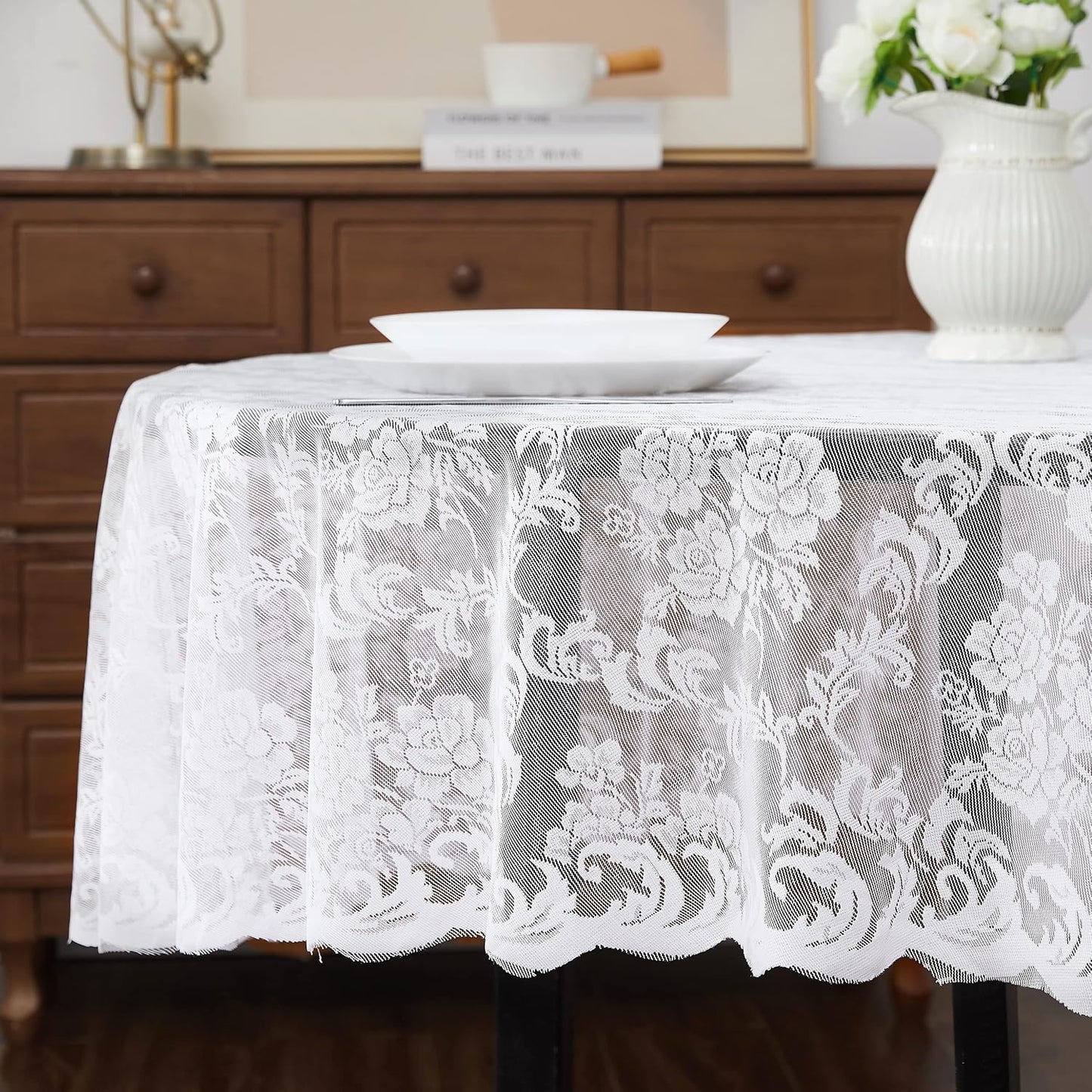 LinenZone Extra Large White Round Tablecloth for Rustic Vintage Decor. Sheer Lace Table Cloth Works Great As Wedding Tablecloth or Thanksgiving Table Cover. (Mia 132 Round, White)