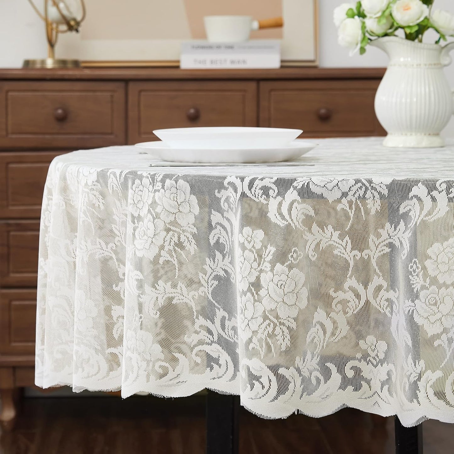 LinenZone Extra Large Ivory Round Tablecloth for Rustic Vintage Decor. Sheer Lace Table Cloth Works Great As Wedding Tablecloth or Thanksgiving Table Cover. (Mia 132 Round, Ivory)