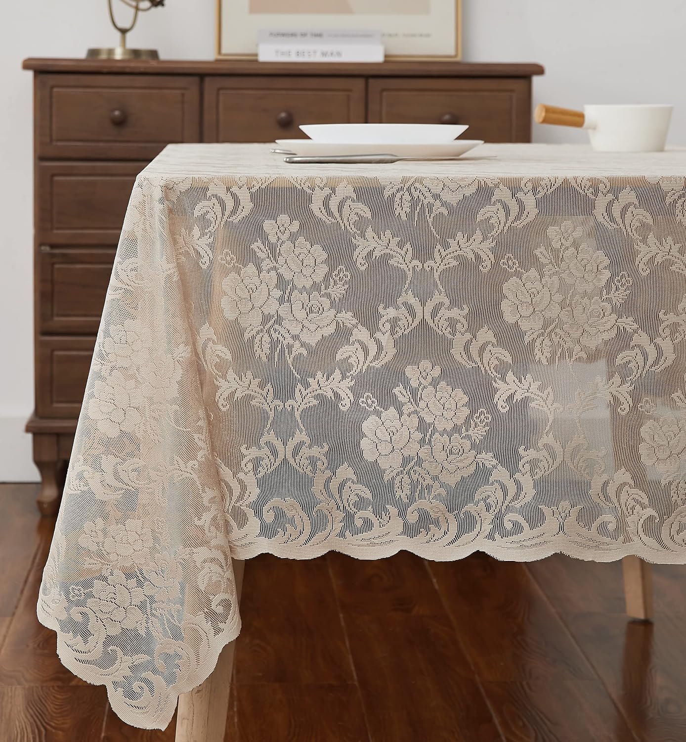LinenZone Linen Rectangle Tablecloth for Rustic Vintage Decor. Sheer Lace Tablecloth Works Great As Wedding, Thanksgiving or Christmas Decor (Mia TC 60 x 84, Linen)